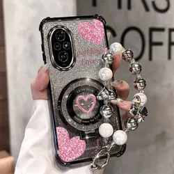 Custodia per telefono con supporto a cinturino in perle e glitter 