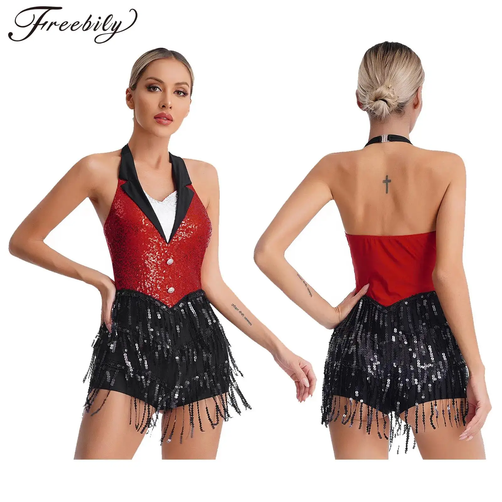 Dance Bodysuit Women Latin Jazz Dance Leotard Dress Cha-cha Tango Samba Rumba Performance Costume Sleeveless Halter Sequins Tassel Bodysuit