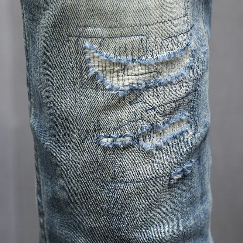 Fashion Designer Men Jeans High Quality Retro Washed Blue Stretch Slim Fit Ripped Jeans Men Patched Vintage Denim Pants Hombre