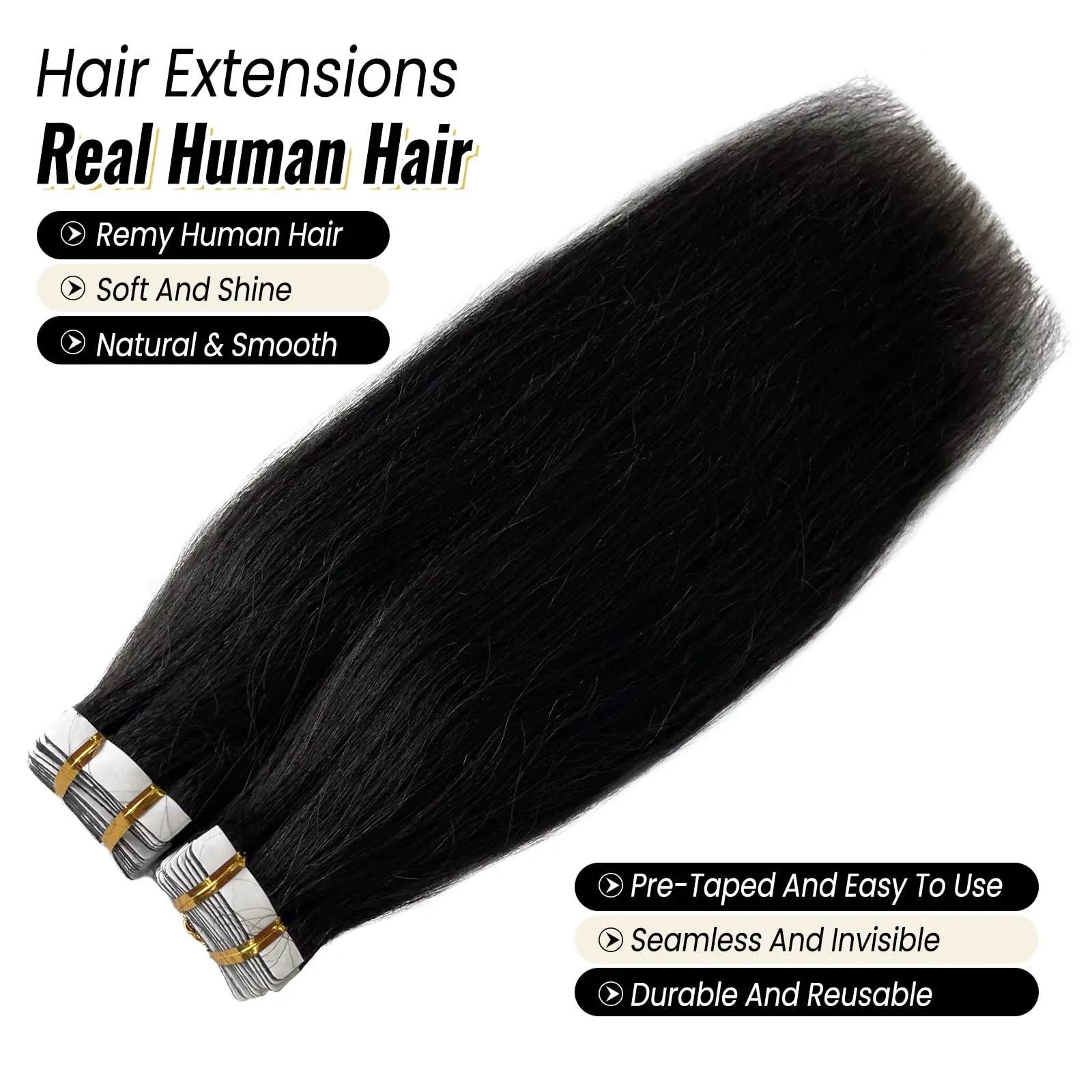 Yaki-Cinta recta en extensiones de cabello, 14-26 pulgadas, cabello humano virgen Real, cinta de trama de piel en pegamento de trama doble en extensiones de cabello
