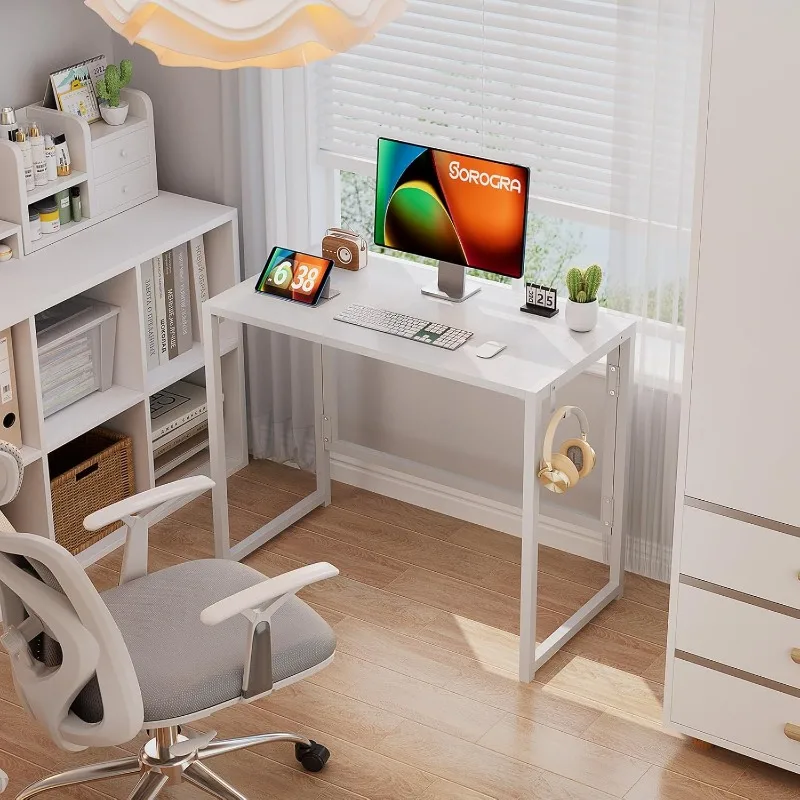 Small Folding Desk 31.5 Inch, Foldable Computer Desks with LED Lights and Monitor Stand, Work Portable Table 2