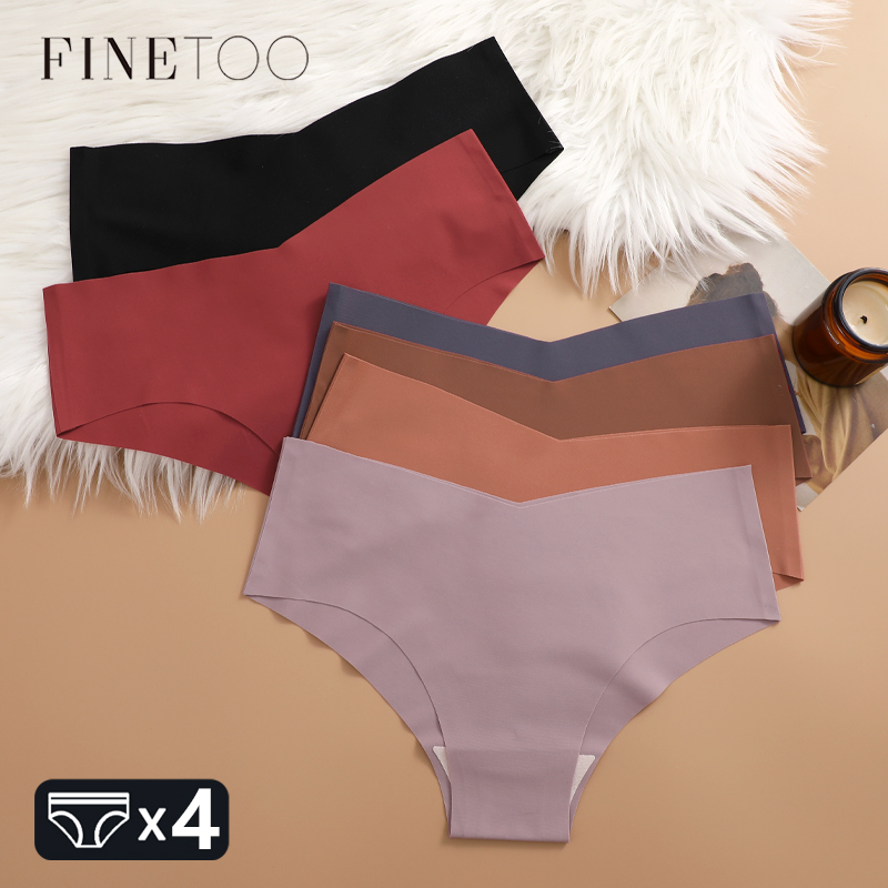 FINETOO 4pcs Seamless Ultra-thin Underwear Women's Panties Sexy V-Waist Breathable Briefs Female Silk Stretch Invisible Lingerie