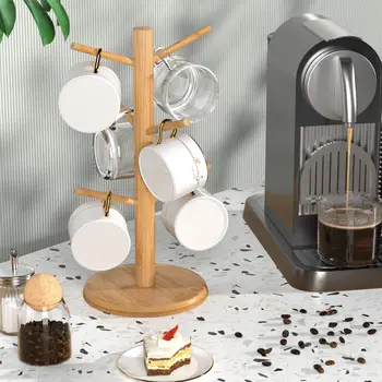 Bamboo Mug Holder 6 Hooks Coffee Cup Holders Tree Sturdy Mug Tree Rack Stand Ideal for Counter Organizer Space Saver