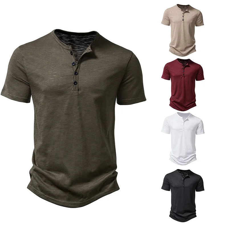 

LUCLESAM Men's Slub Cotton Henley Collar POLO T-shirt Breathable Slim Fit Shirts 2023 Summer New Casual Fashion t shirt for men