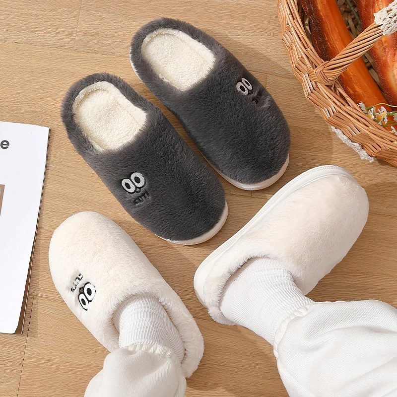 Cartoon Embroidery Fluffy Fuzzy Slippers Women Autumn Winter Thick Sole Warm Plush Slides Woman Comfy Non Slip Cotton Slippers