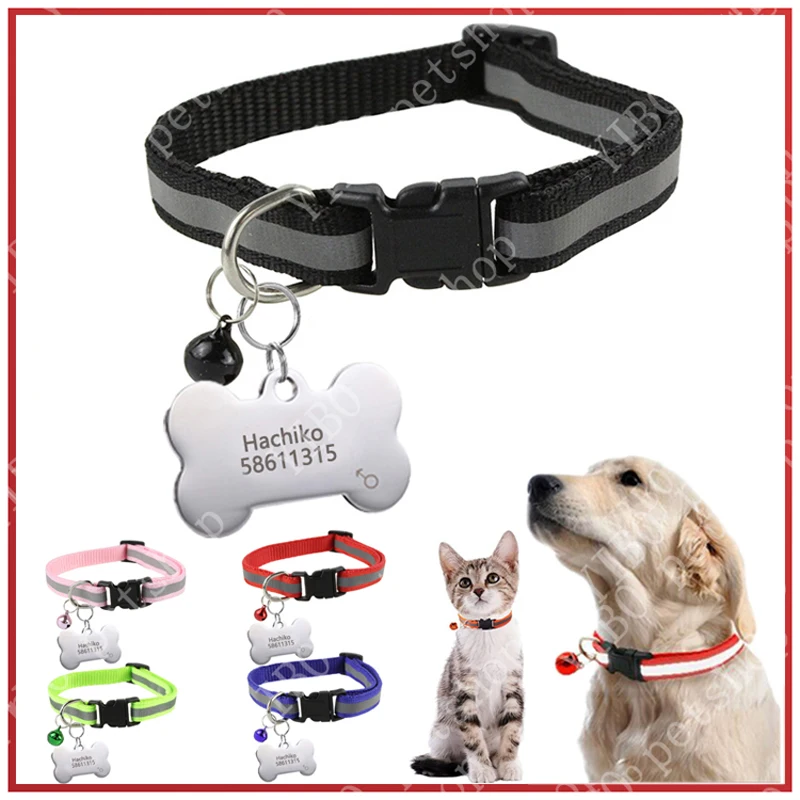 

Personalized dog tag Stainless Steel Name Engraved ID Tags Pet Reflective Collar for Puppy Dog Cat Accesories Adjust 19-32cm