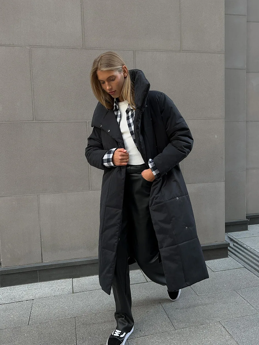 Winter Female Parkas Outwear Loose Lace-Up High Waist Long Sleeve Pocket Lapel Bandage Coat For Women Solid Parkas
