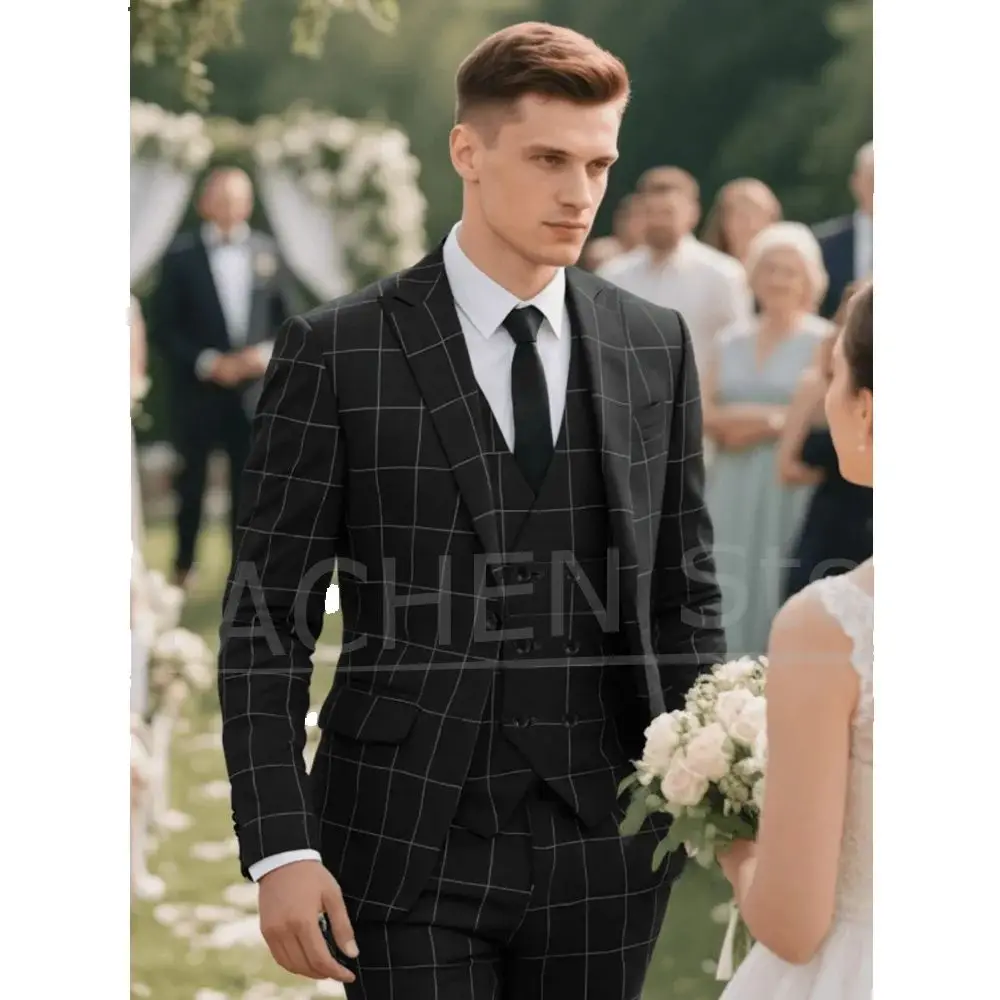 Ensemble de costume 3 pièces à motif de grille pour hommes