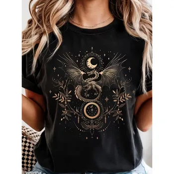 Celestial Dragon Moon Stars Graphic T-Shirt Women’s Casual Crew Neck Short Sleeve Tee Mystical Boho Dragon Print for Daily Wear