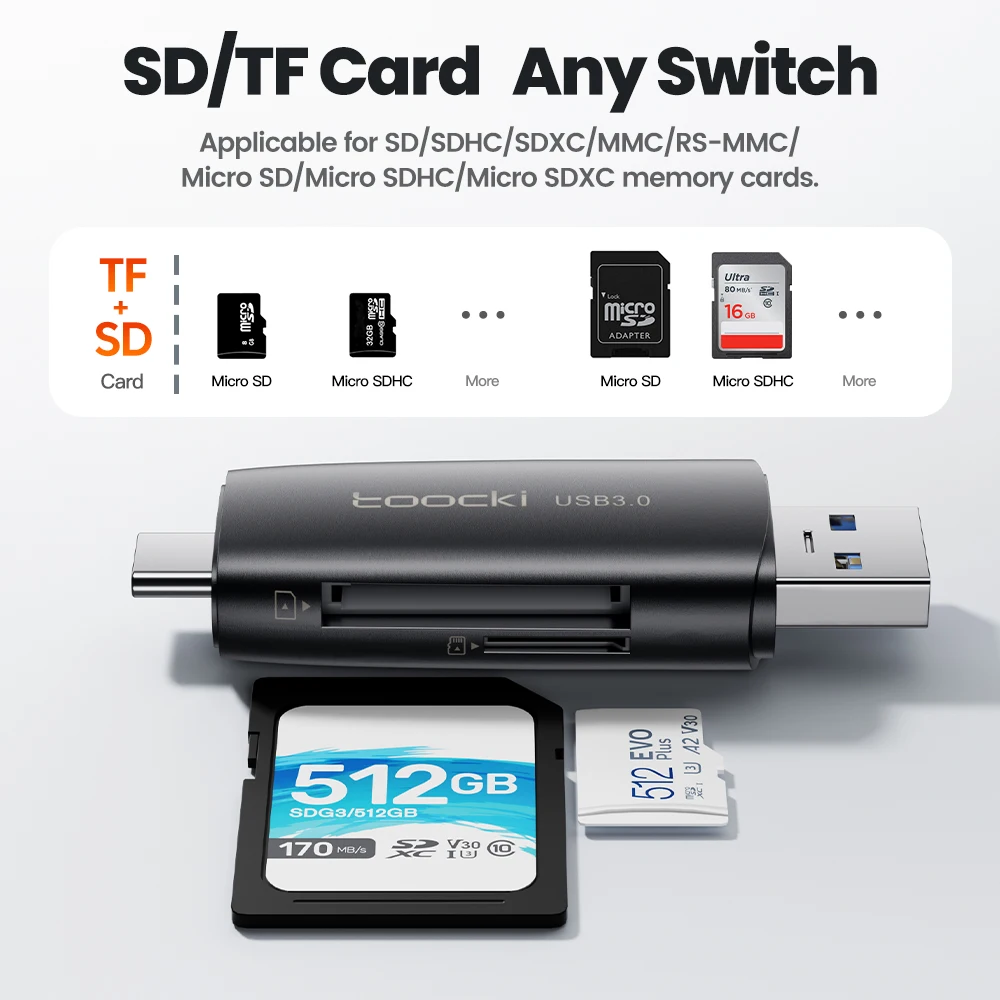 Toocki 스마트 메모리 카드 리더, USB 3.0, USB C에서 SD 마이크로 TF 카드 어댑터, PC 노트북 액세서리, 2 인 1 SD 카드