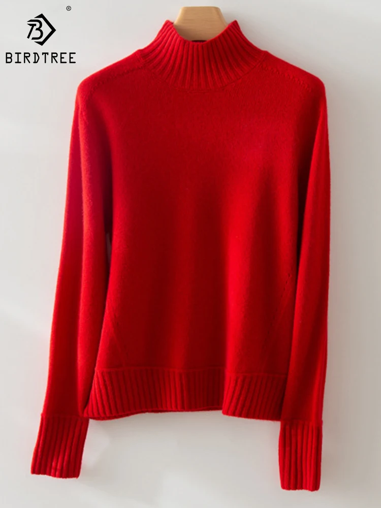 

Birdtree 100%Cashmere Thick Pullover Women's Half-high Neck Simple Comfortable Warm Lazy Style Sweater Autumn Winter T3D104QD