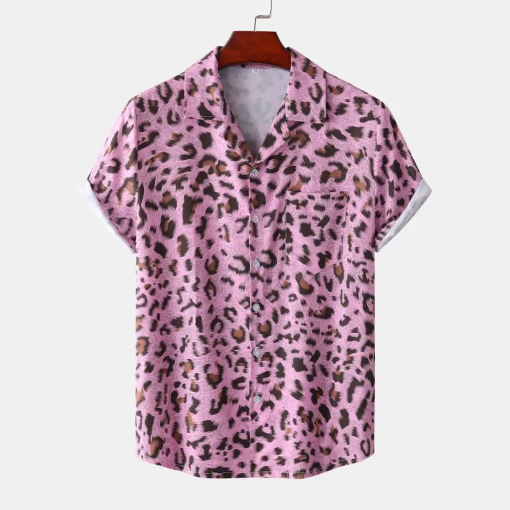 Fashion Leopard Men's Short Sleeve Shirt Oversize Loose Fit Stylish Shirt For Men Lapel Trend Casual Button Up Men's Clothing