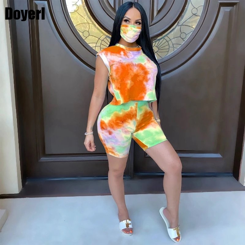 Tie Dye Two Peice Set for Women Summer Biker Shorts Club Casual Outfits Sport Suit Matching 2 Piece Crop Top Sets Tracksuit |