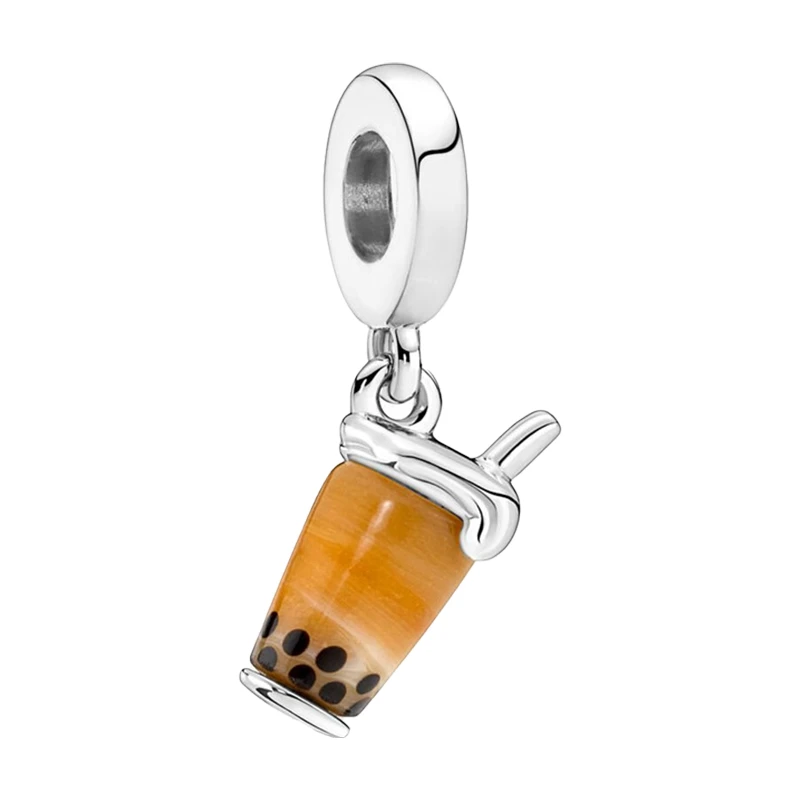 925 Sterling Silver Bubble Tea Pendants Charms For Bracelets Women Diy Jewelry Making Brown Murano Glasses Black Tapioca Pearls