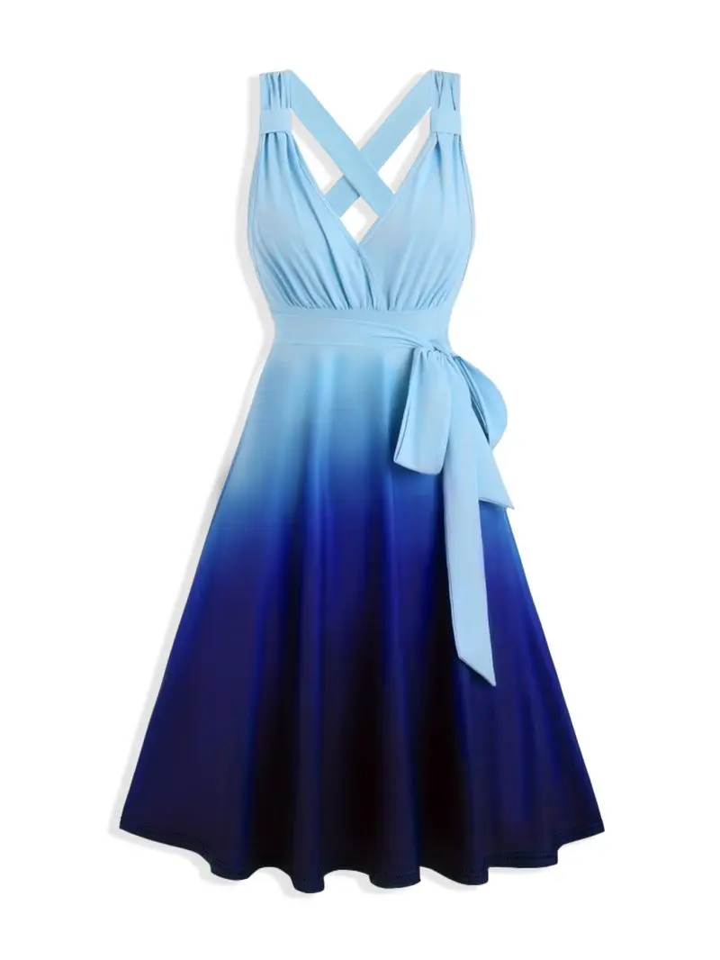 V-neck Cross Back Camisole Dress Slimming Side Straps mid Length Large Swing Skirt Women's Fashion Casual Dress
