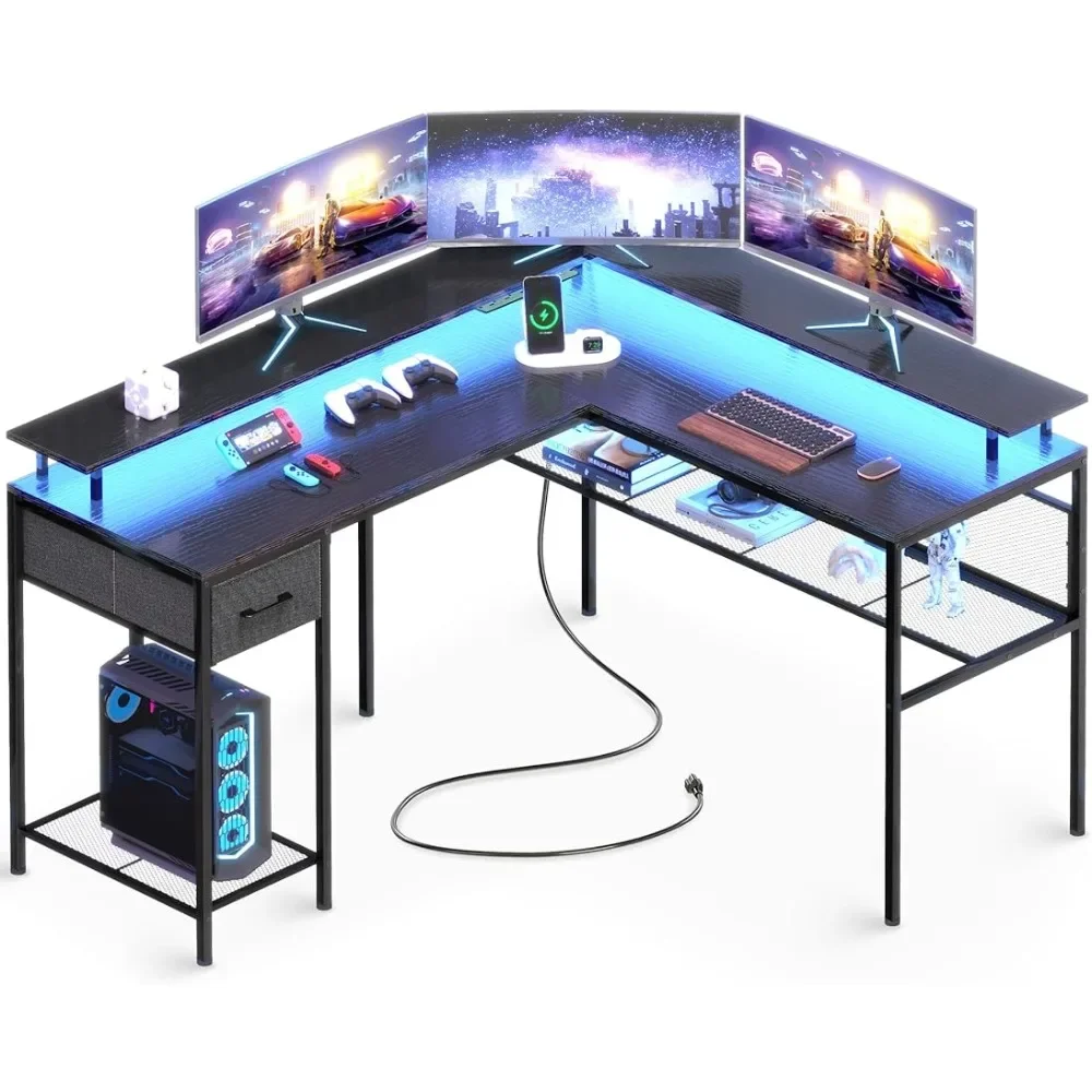 

L Shaped Desk,LED Lights & Power Outlets,Storage Shelves Sturdy Desk for Home Office Writing Workstation