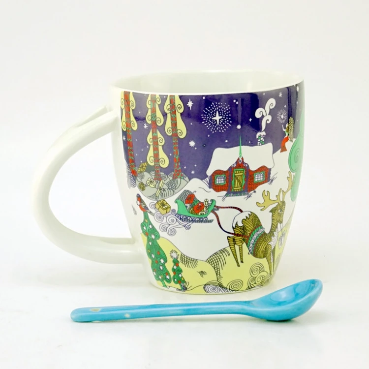 

High quality Christmas Winter Reindeer design custom logo porcelain coffee ceramic cup and spoon gift