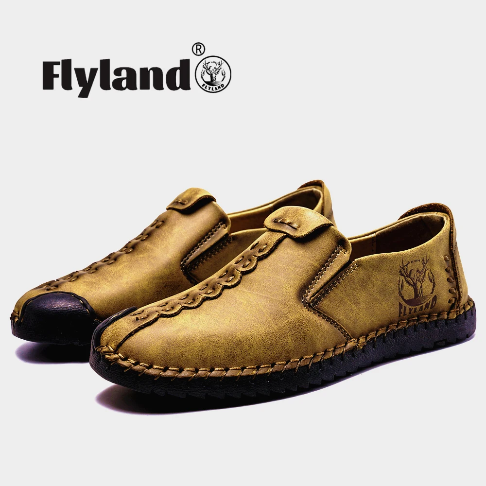 FLYLAND Men's Handmade Leather Casual Shoes Breathable Mens Driving Shoes Slip-on Loafers Plus Size 38-48 men casual shoes leather fashion men handmade breathable mens loafers moccasins luxury brand boat shoes plus size 38 48