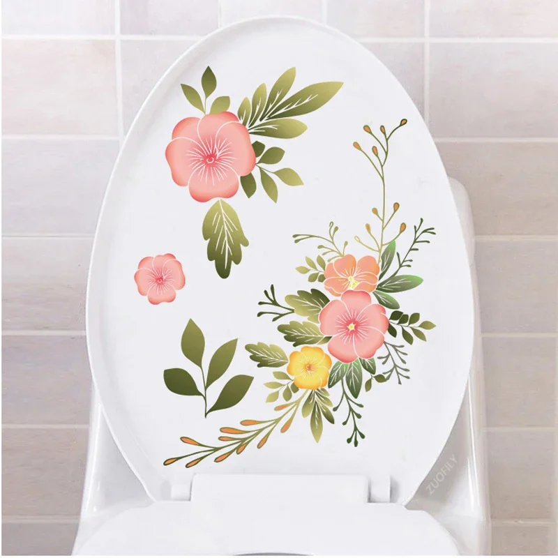 Ceative Floral Flower Toilet Stickers Mural Self-adhesive Removable Bathroom Decoration Sticker Cabinet Decors 1 Pc PVC Decal