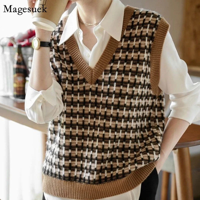 Vintage Plaid V Neck Knitted Sweater Vest Women Autumn Loose Knitwear