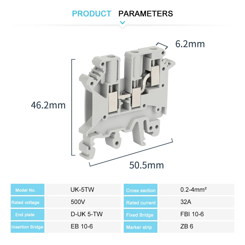 UK5-TW Double Connection One Side Screw Connection UK 5 Twin Termin Strip Wire Connector DIN Rail Terminal Block 10Pcs wire connectors din rail terminal block