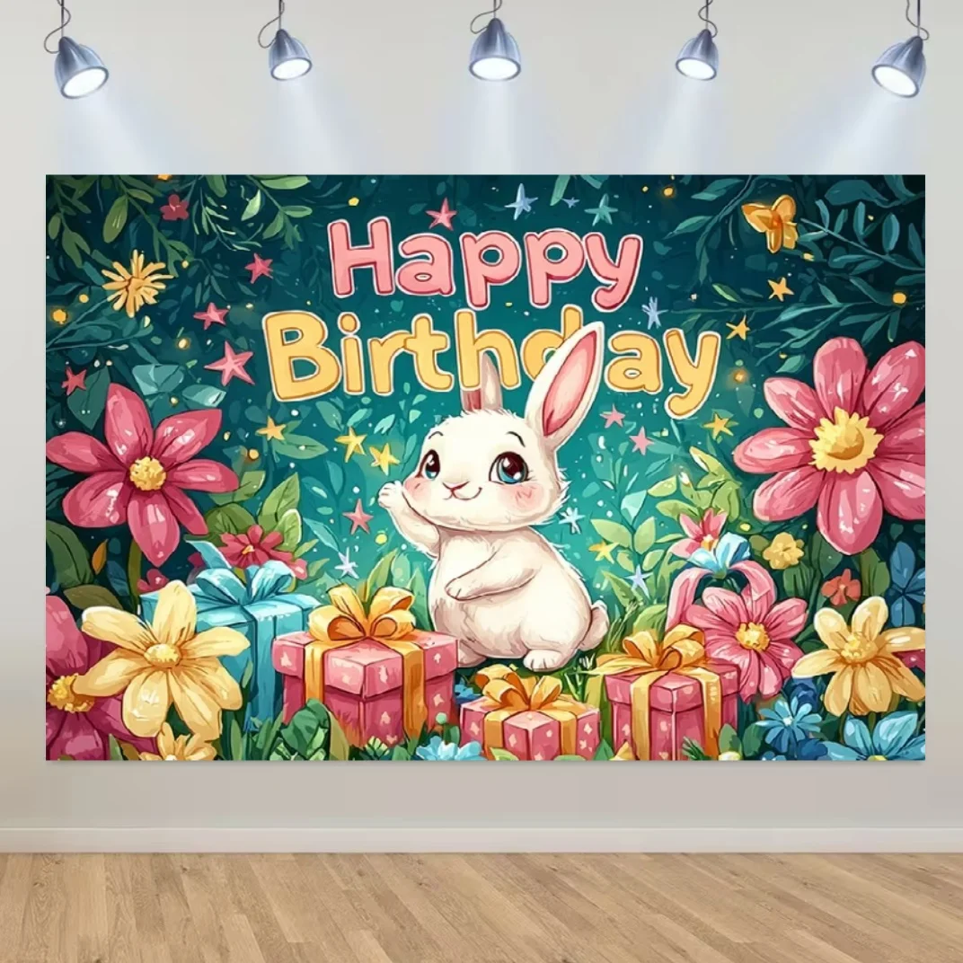 Niedlicher Hasen-Hintergrund für Mädchen-Geburtstagsfeier, Dekoration, Hintergrund, rosa Kaninchen, Karotten, Fotostudio-Requisiten, Banner, Kindergeschenke – Detail 1