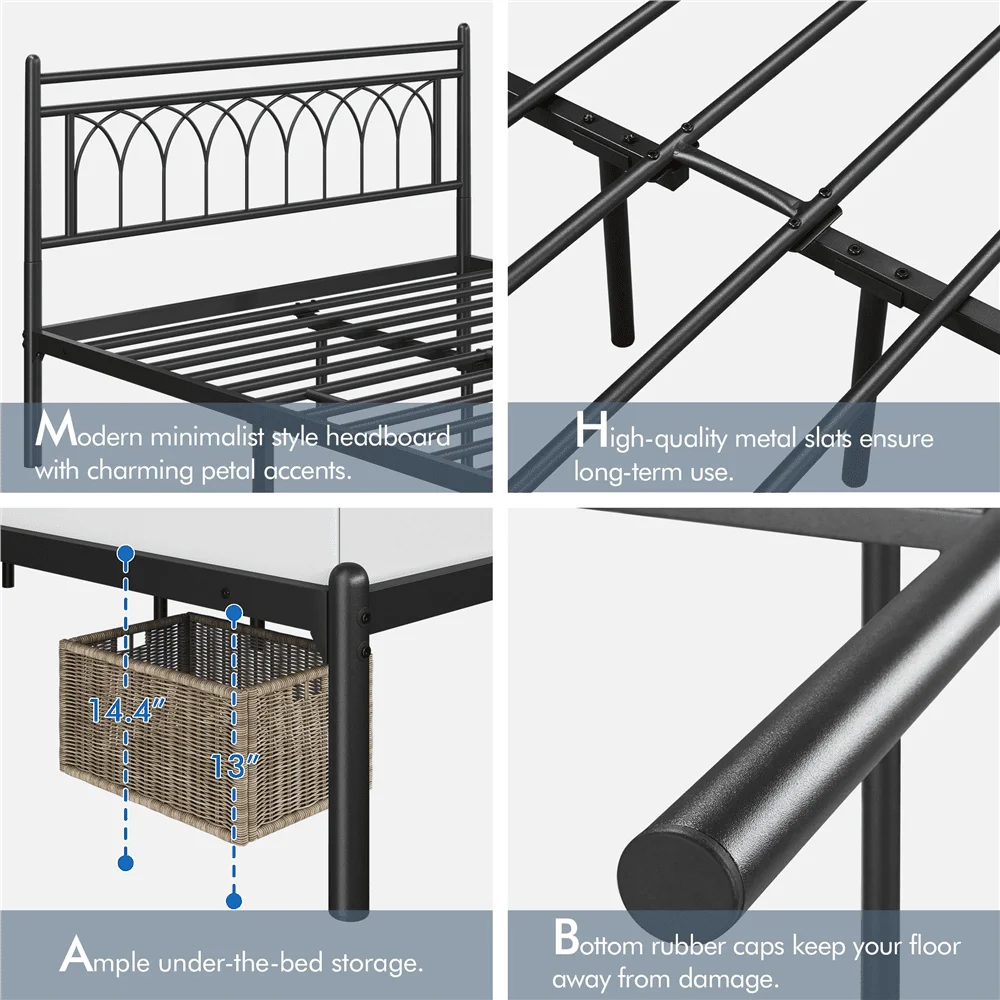 

Jasmine Modern Metal Bed Frame with Petal Accented Headboard,Queen, Black