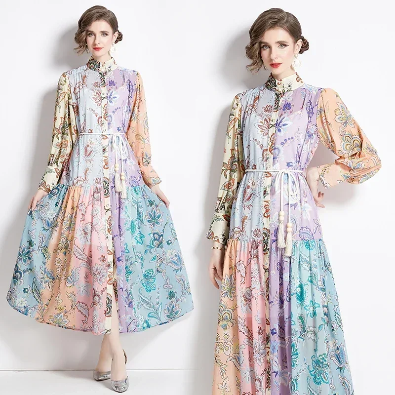 

Dropshipping Spring Fall Vintage Print Stand Mock Neck Collar Bow Long Lantern Sleeve Women Ladies Casual Party Maxi Shirt Dress