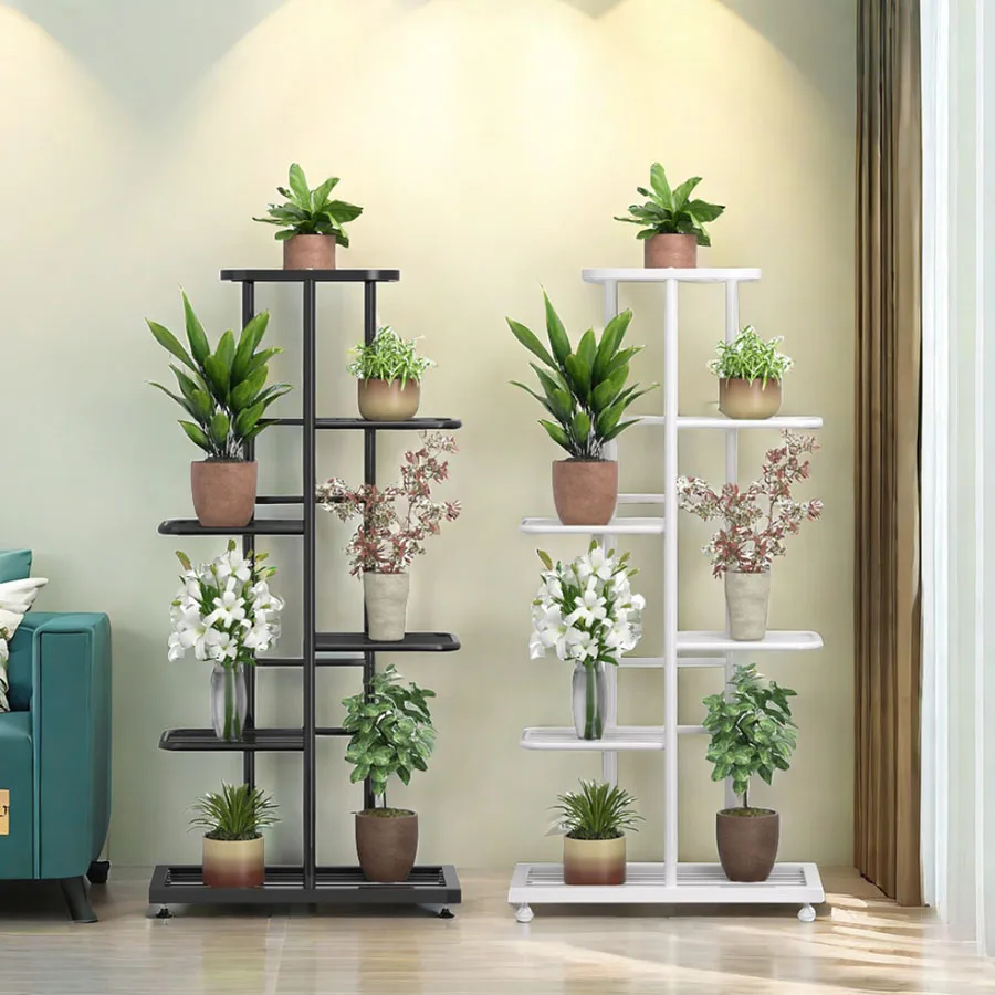 Supporto Per Piante Alto 8 Ripiani In Metallo - Scaffale Organizer Per Fiori, Interno/esterno, Balcone E Giardino, 141 Cm, Grigio/bianco - 2