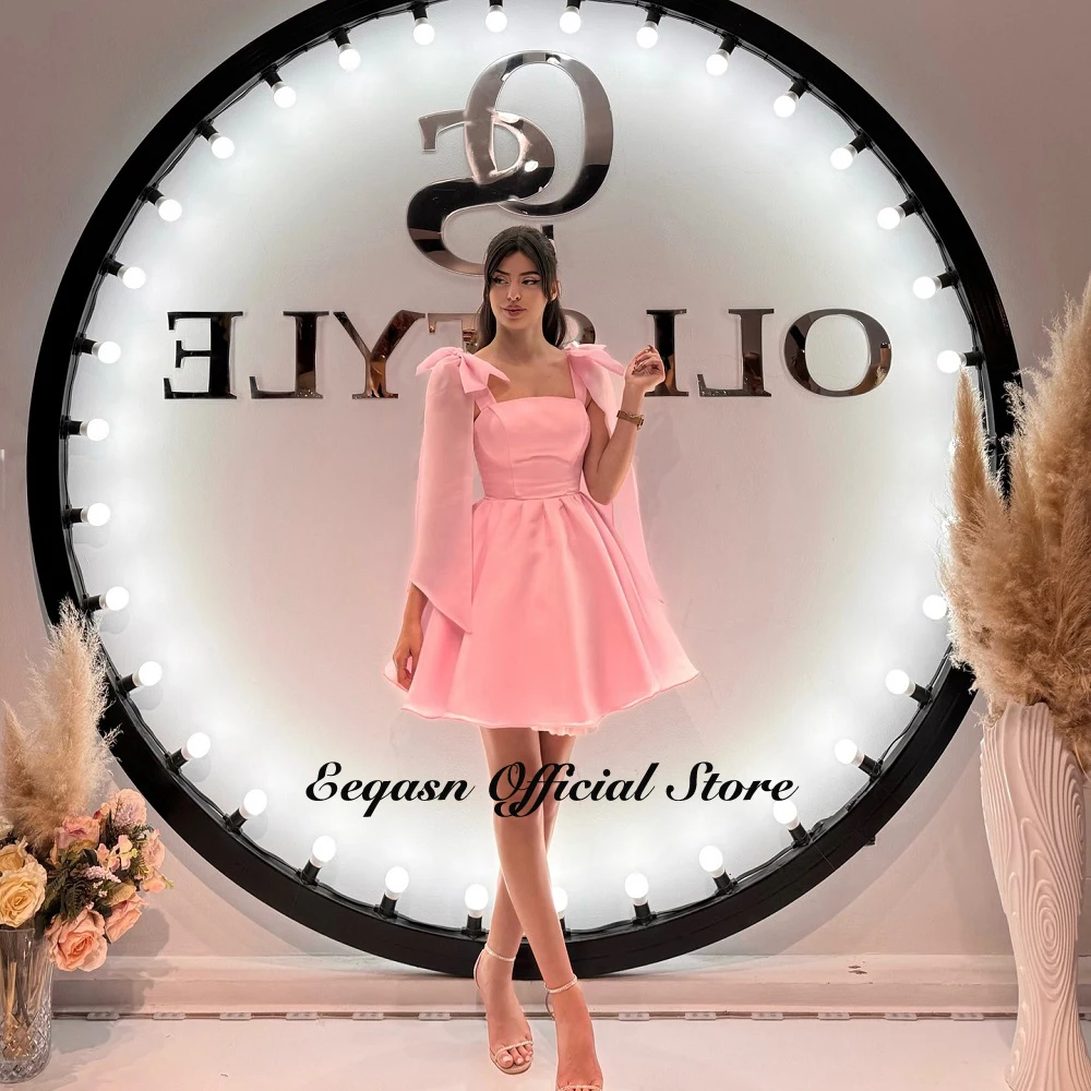 Cute Short Cocktail Dress A Line Bow on Straps Organza Pink Strapless Mini Graduation Prom Dresses Vestidos De Gala