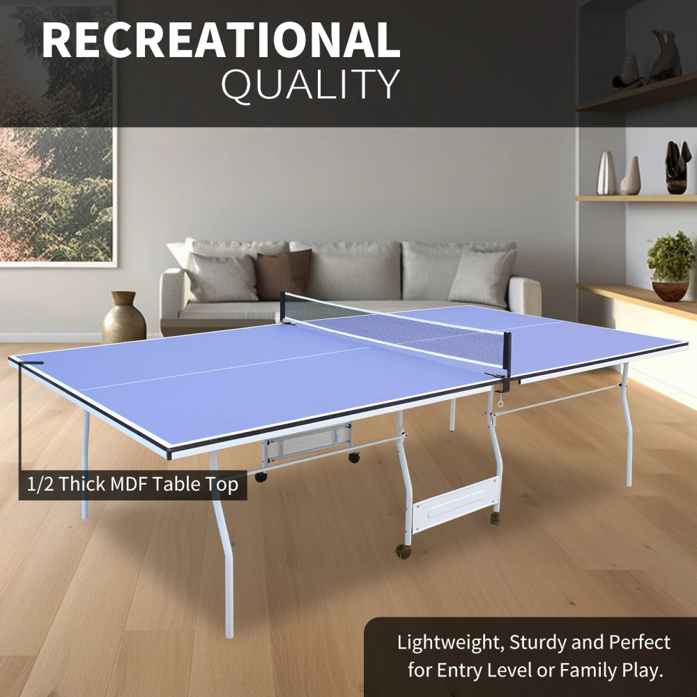 9ft Mid-Size Table Tennis Table Foldable & Portable Ping Pong Set Indoor Games with Net 2 Tennis Paddles and 3 Balls