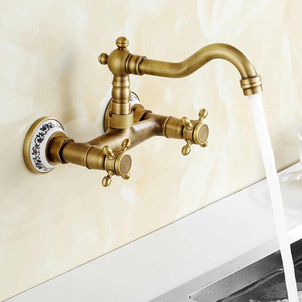 

Antique Brass Kitchen Faucet Wall Mounted Mixer Tap Hot And Cold Water Mixer Tap Double Holes Rotatable Kitchen Sink Mixer Tap