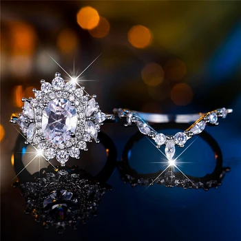Luxury Female Silver Color White Zircon Stone Engagement Ring Set Vintage Bridal Wedding Bands Party Jewelry For Women