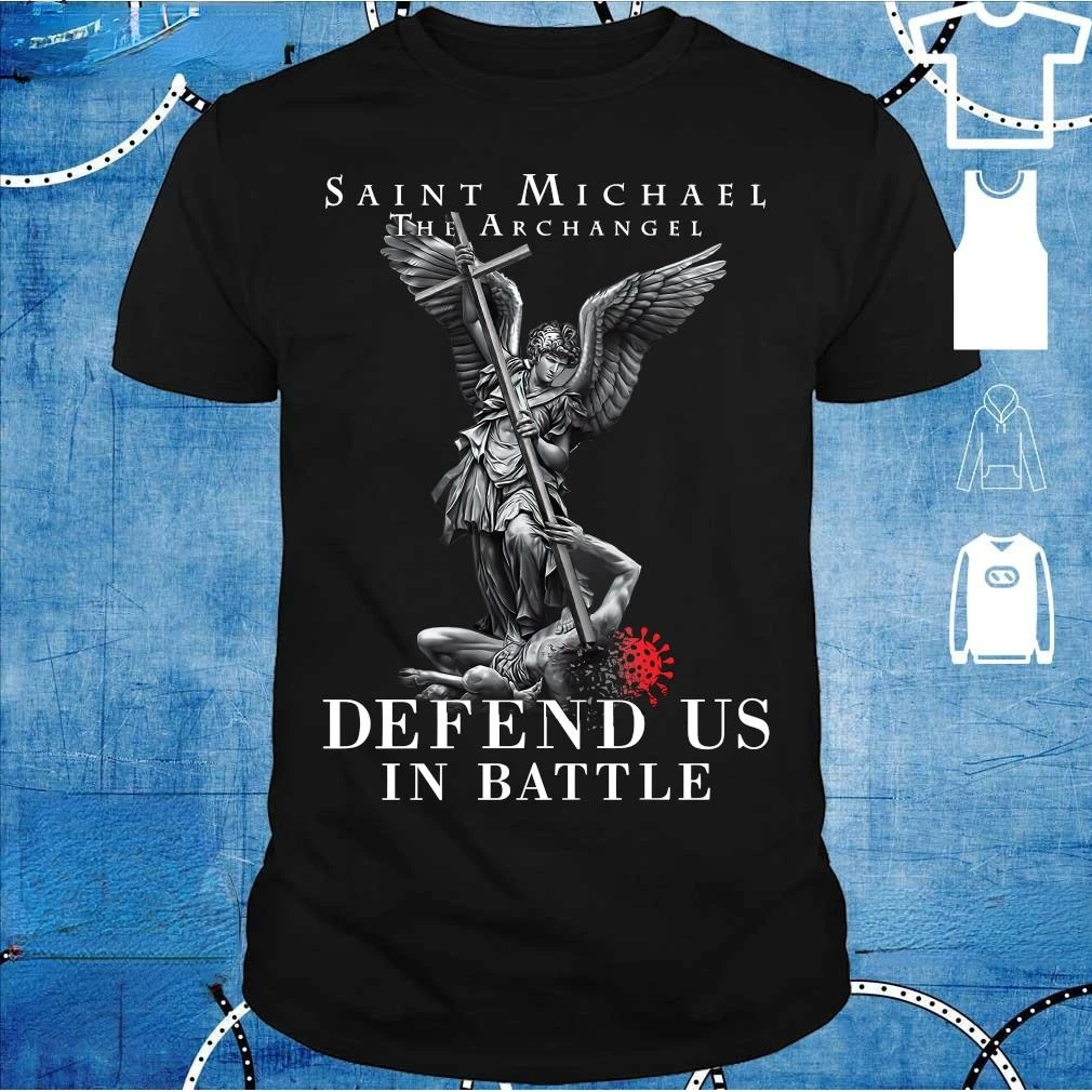

Saint Michael The Archangel Defend Us In Battle T-Shirt. Premium Cotton Short Sleeve O-Neck Mens T Shirt New S-3XL