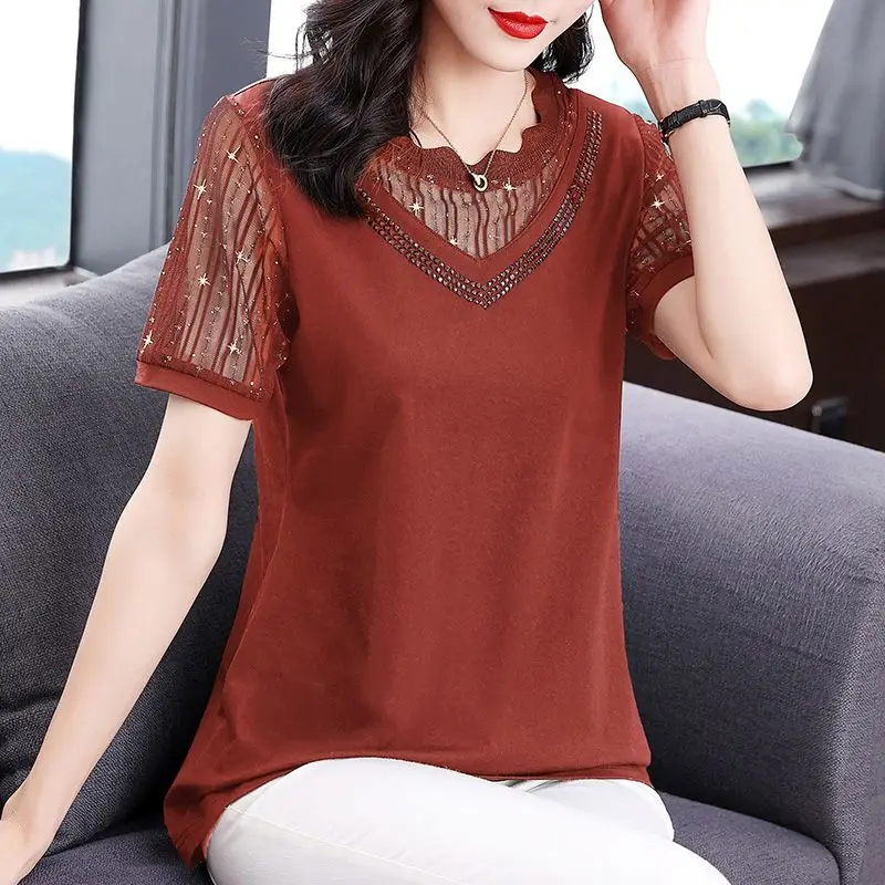 Stylish Gauze Spliced Shirt Bright Silk Summer New Short Sleeve Vintage Casual Solid Color Female Clothing Chic Diamonds Blouse