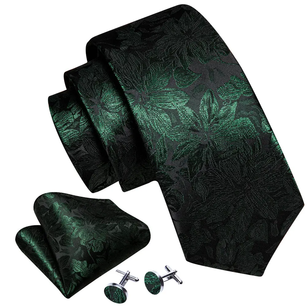 

Dark Green Men Silk Ties Floral Pocket Square Cufflinks Set Elegant Woven High Quality Suit Neckties Party Business Barry.Wang