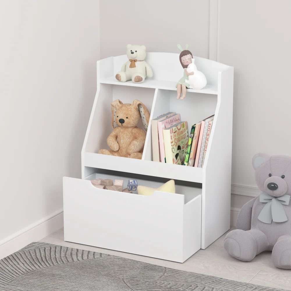 Kids Bookshelf with Drawer and Wheels, Children's Book Display,  Wooden Bookcase, Toy Storage Cabinet Organizer, White 4