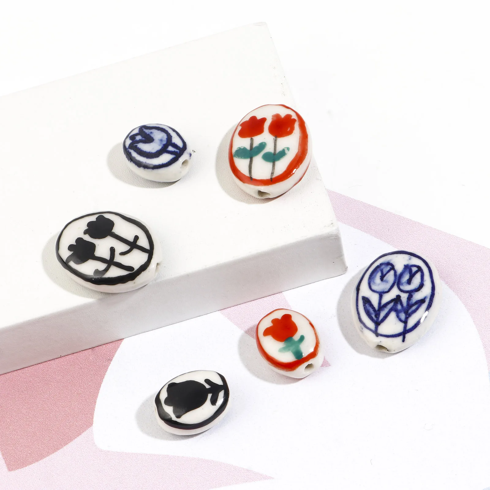 Ceramic Tulip Flower Pattern Multicolor Bead Set