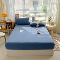Simple Solid Color Blue Fitted Sheet Set 3Pcs Japanese Style Mattress Cover Skin-friendly Breathable Queen Size Bedding Set 1
