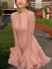 Luxury O Neck Pink Ruffle Button Female Vestidos Fashion Long Sleeve High Waist Prom Dresses Spring New Lady Short Evening Dress 6