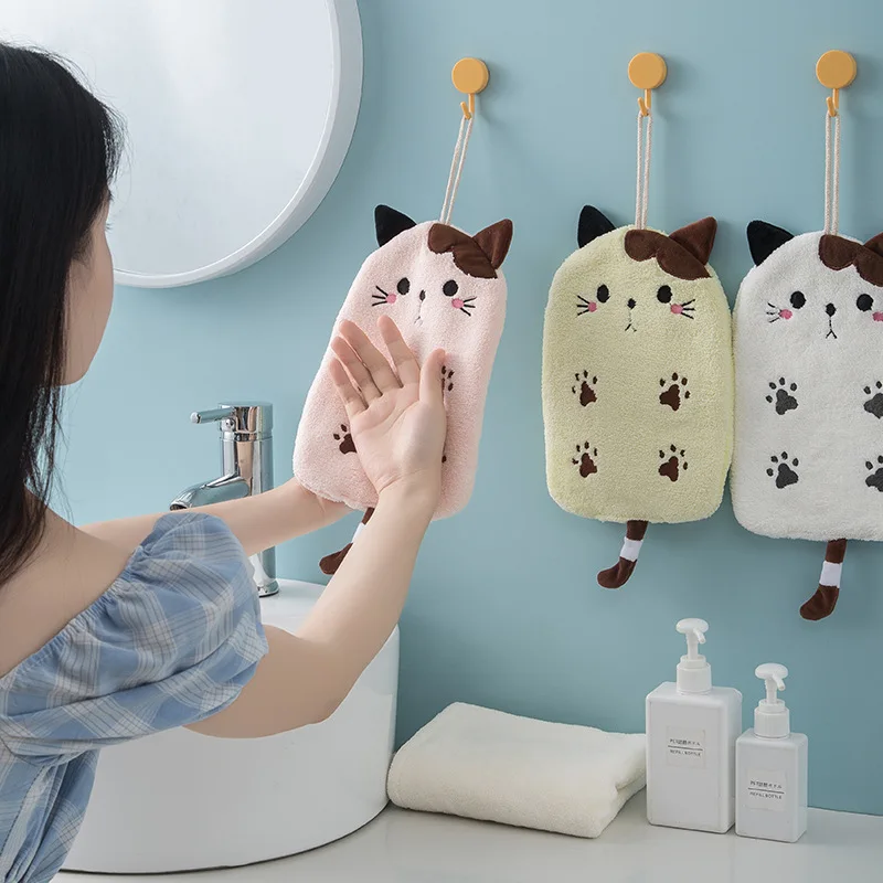 

Cartoon Kitten Hand Towels Hanging Coral Velvet Absorbent Hand Towel Reusable Cat Embroidery Kitchen Bathroom Microfiber Towels