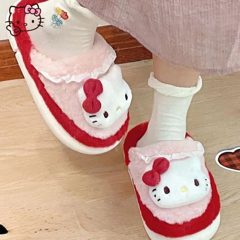 

Hello Kitty Cotton Slippers Winter Cute Warm Thick Bottom Waterproof Plush Parent-child Home Cotton Slippers Home for Girls Gift