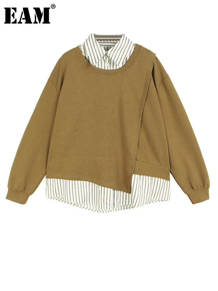 

[EAM] Loose Fit Yellow Striped Irregular Sweatshirt New Lapel Long Sleeve Women Big Size Fashion Tide Spring Autumn 2024 1DH2867