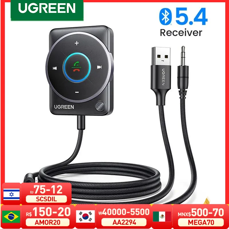 UGREEN USB Bluetooth 5.4 Car Receiver Adapter with Mics and Noise Cancellation, USB AUX Bluetooth Receiver Car Kit Stereo Audio