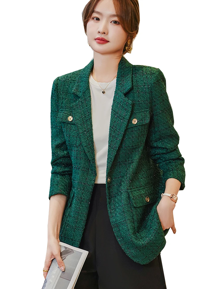 

Women Apricot Black Green Plaid Casual Blazer Ladies Female Long Sleeve Single Button Straight Business Work Wear Jacket Coat