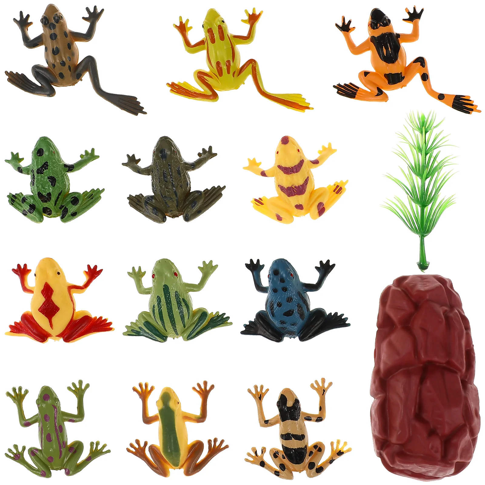 

12pcs/Set Plastic Realistic Frog Model Action Figures Lifelike Animals Tiny Animal Figurines With Grass Fake Stone Dollhouse