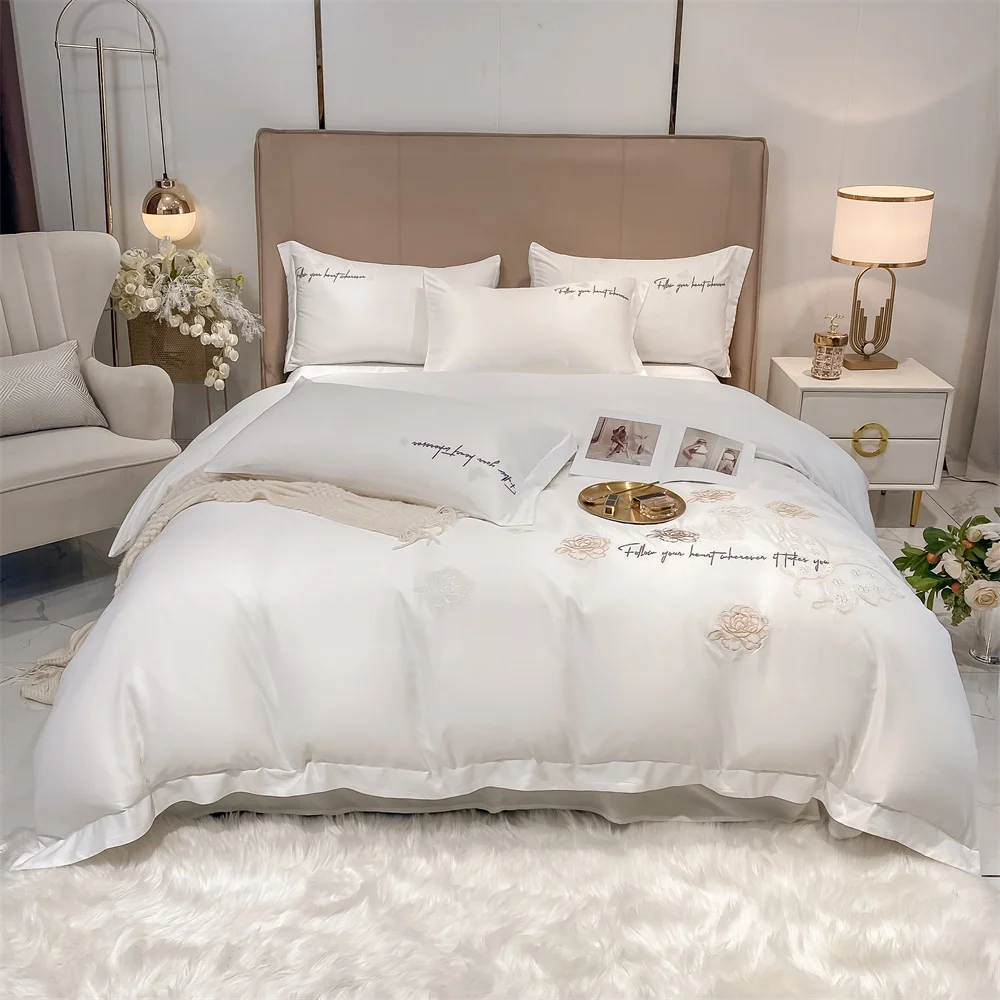 

Solid Silk Cotton Silky Soft Duvet Cover and Flat Sheet Pillowcase Family King Queen Size Bedding Set 4 Pcs Bed Comforter Set