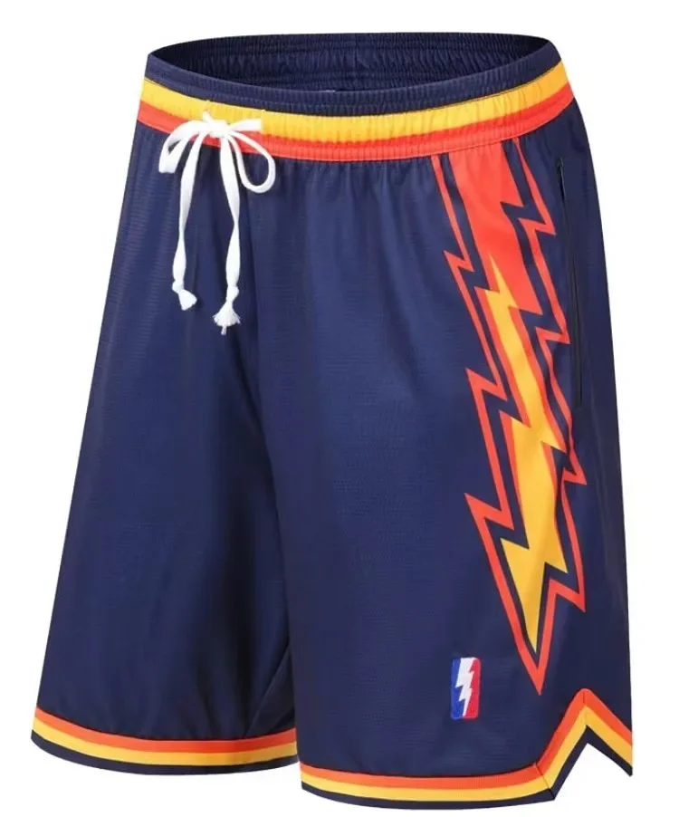 American Style Basketball Shorts Men Women Five-Quarter Length Training Sports Pants Retro Lightning Design for Training And Pla