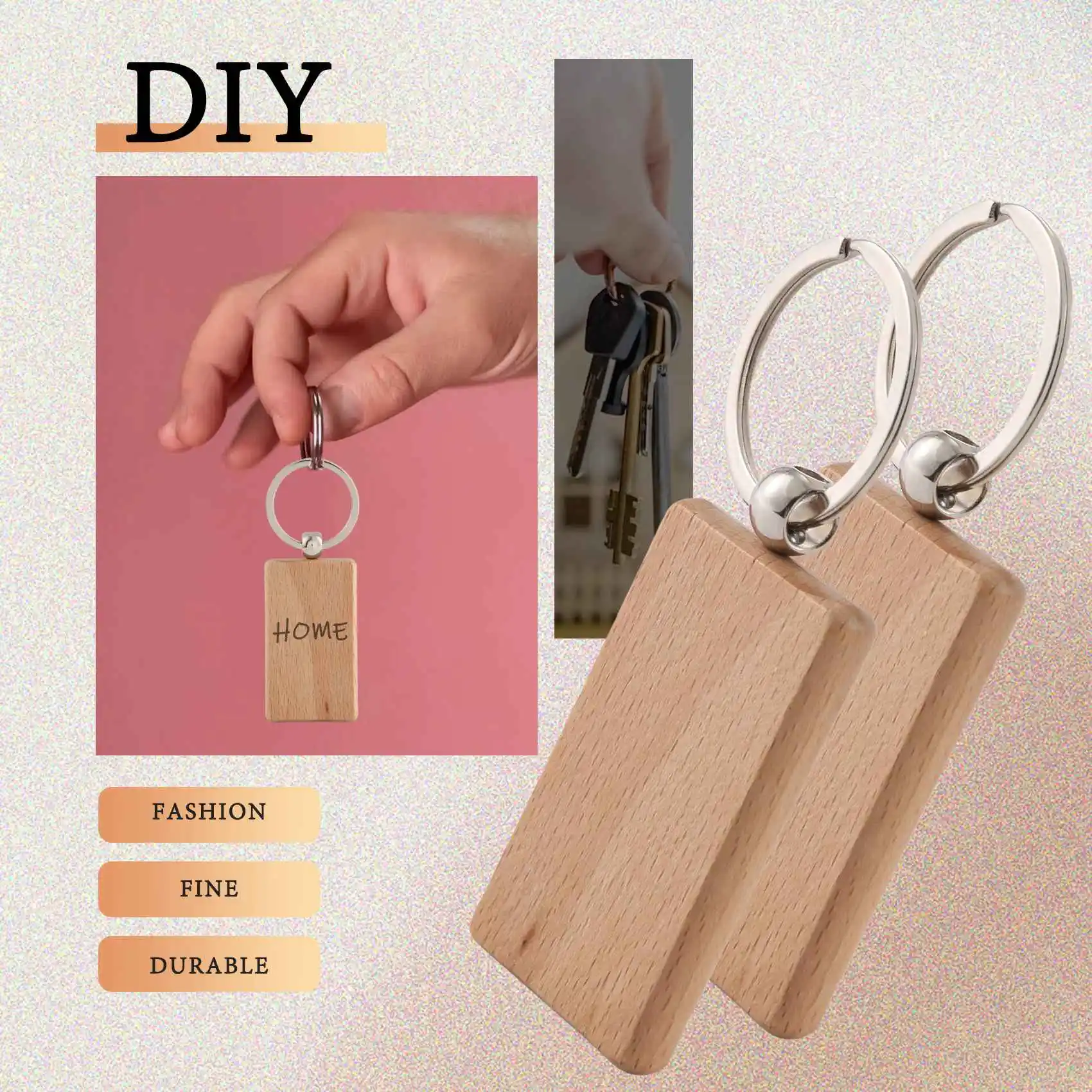 

100 Blank Wooden Keychain Rectangular Engraving Key ID Can Be Engraved DIY