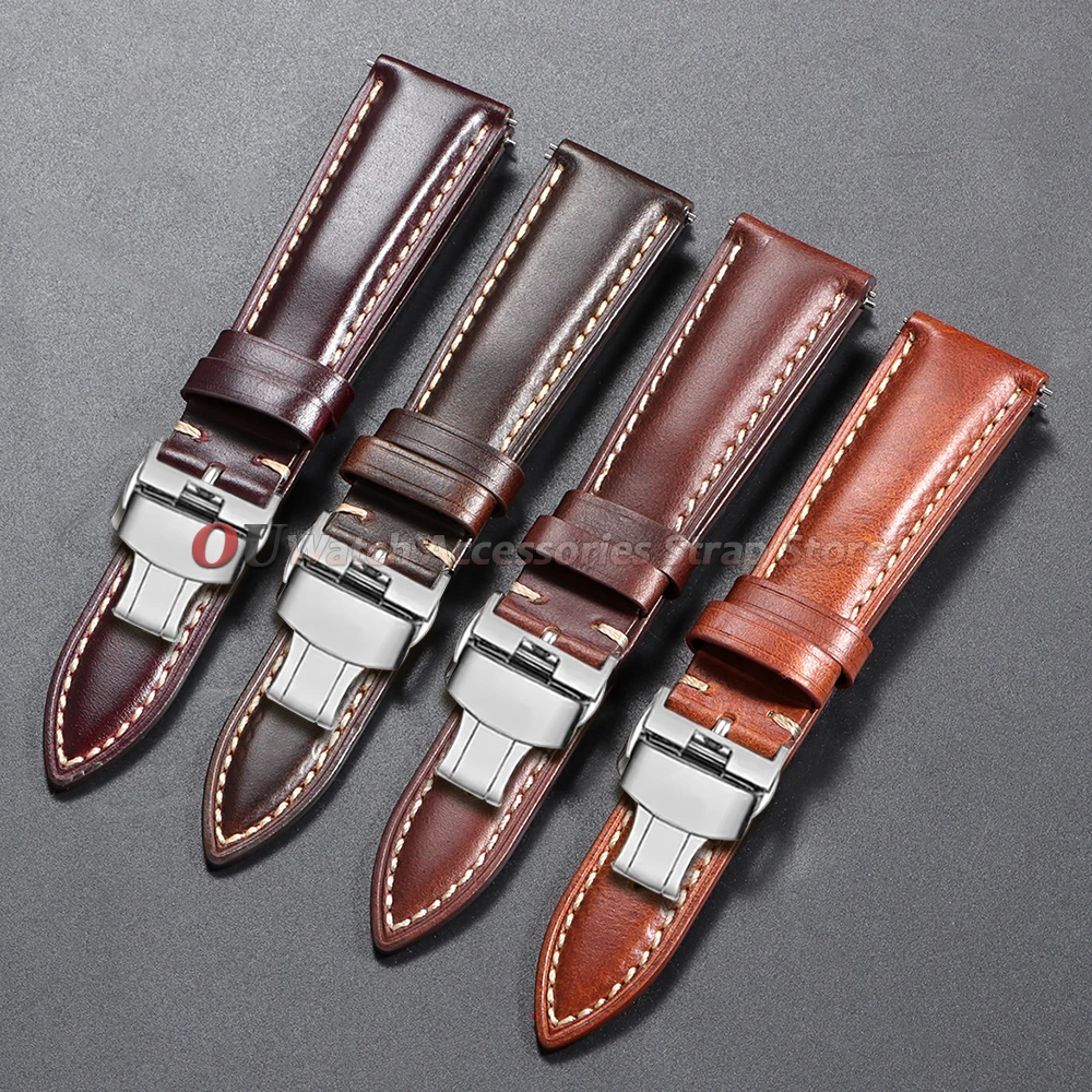 Vintage Oil Wax Leather Watch Band with Butterfly Buckle and Quick Release
